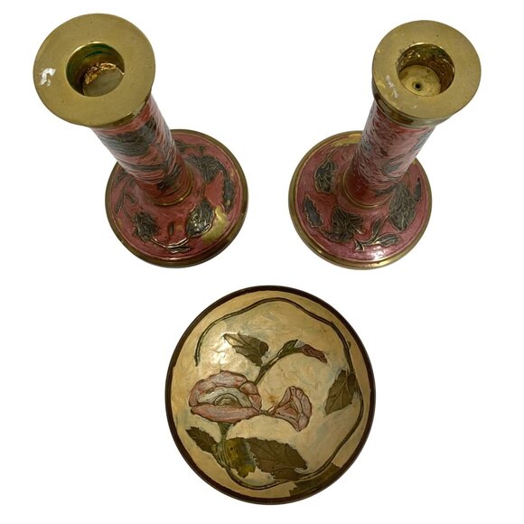 VTG Solid Brass Candle Holders & Decorative Bowl Set Floral Made In India FLAW - Picture 2 of 9
